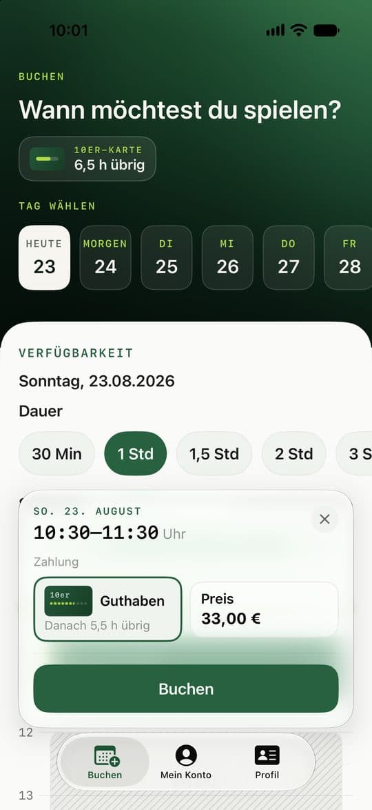 MB Clubs App — Buchen: Tag wählen, Dauer, Zeit antippen, mit Guthaben oder Karte buchen